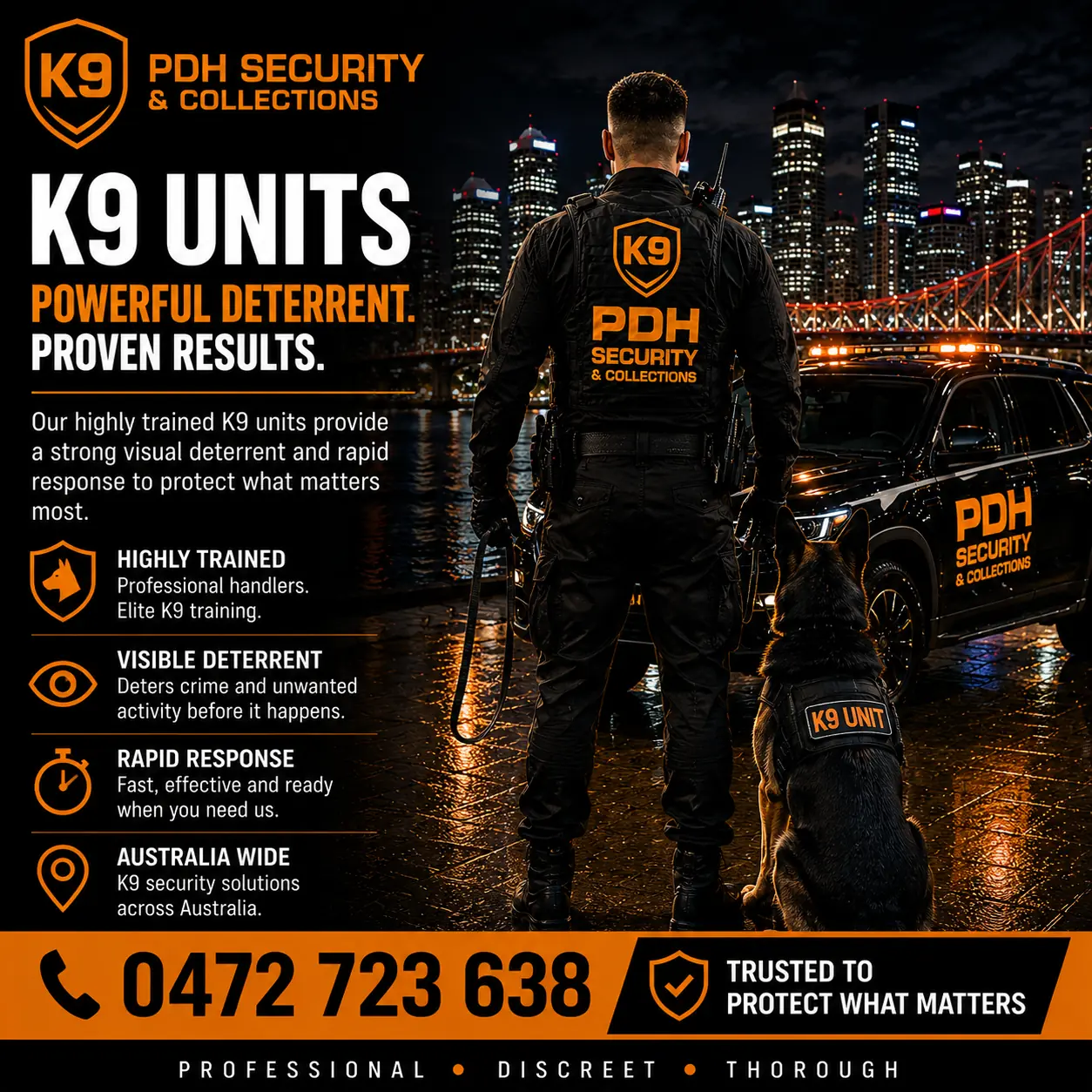 PDH Security & Collections K9 units — powerful deterrent, proven results. Highly trained handlers, visible deterrent, rapid response, Australia wide.