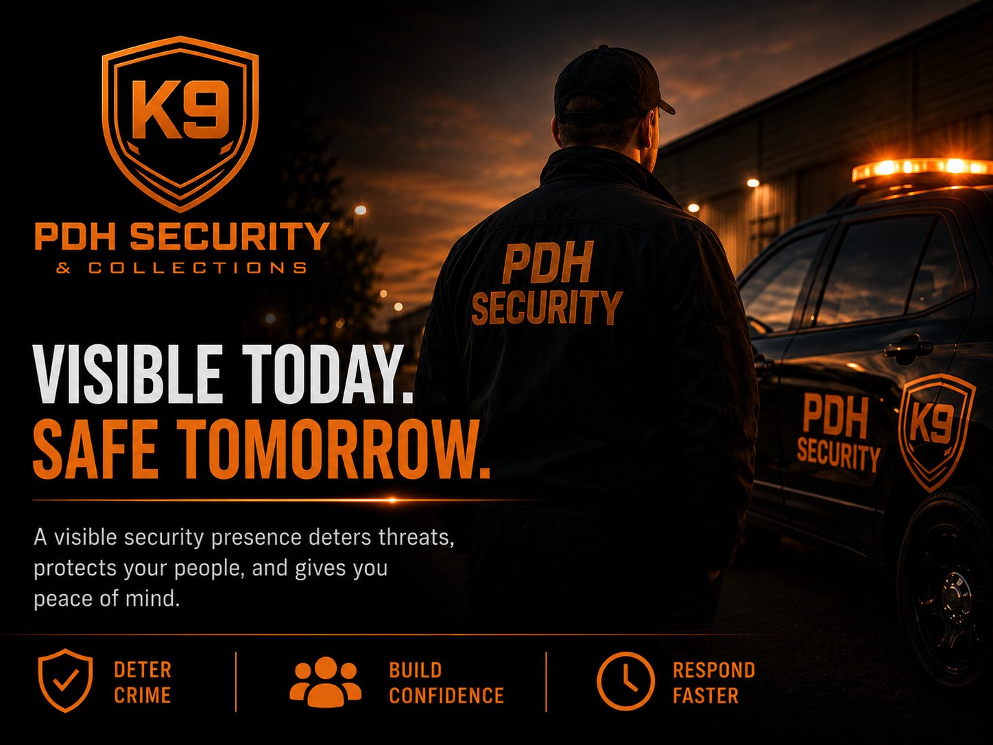 PDH Security officer beside a marked patrol vehicle — visible today, safe tomorrow